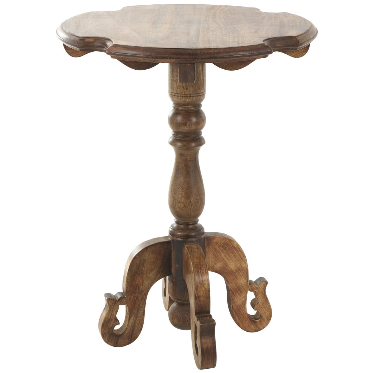 Brown Mango Wood Turned Accent Table with Scrolled Legs and Cutout Tabletop